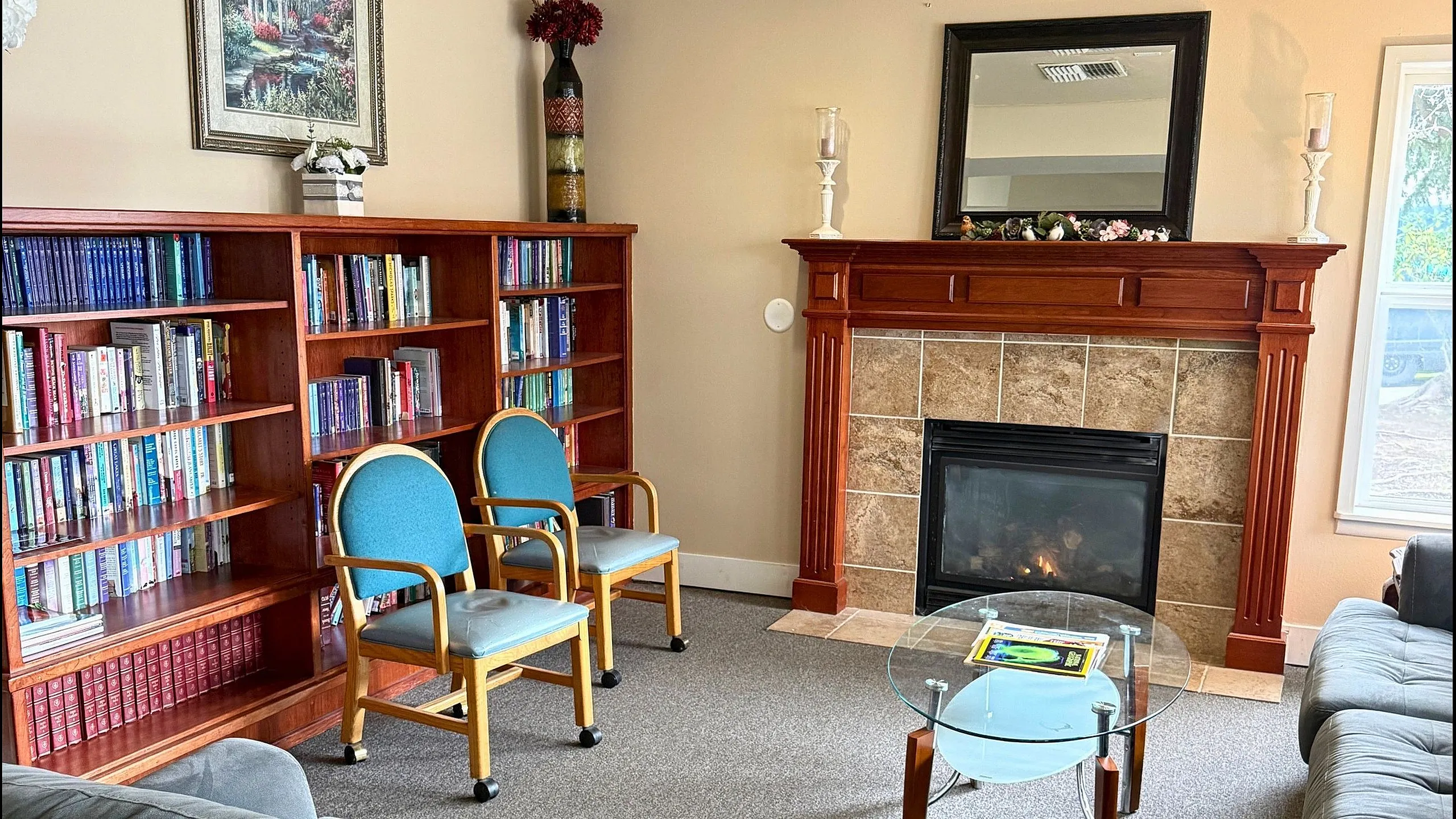 Inviting living room with cozy fireplace, elegant wooden bookshelves filled with vibrant books, and comfortable seating under soft natural light.