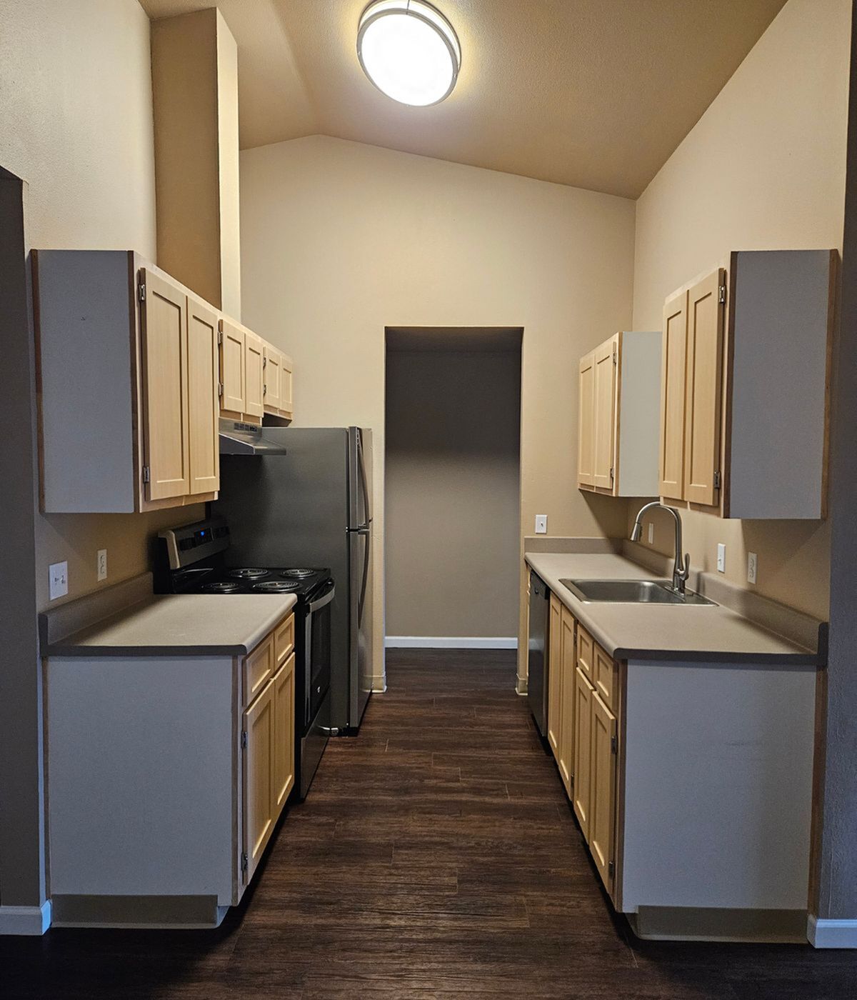 Chic galley kitchen with sleek countertops, modern appliances, and ample cabinet space, perfect for culinary creativity.