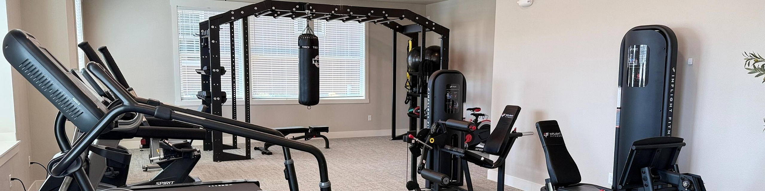 Modern fitness center equipped with state-of-the-art treadmills, weight machines, and a punching bag, offering a dynamic workout environment.