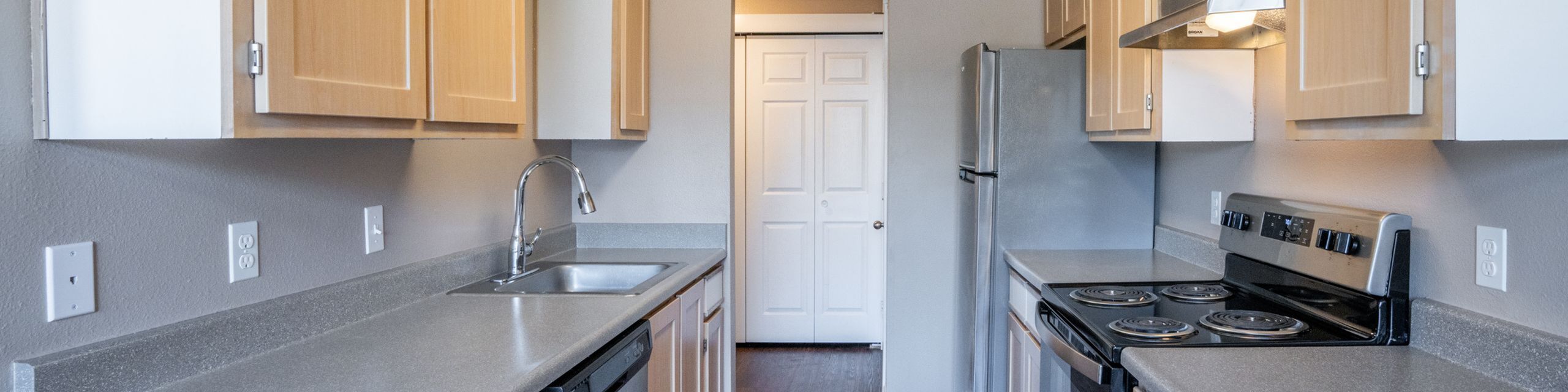 Modern kitchen with sleek stainless steel appliances, elegant wooden cabinets, and ample counter space for culinary enthusiasts.