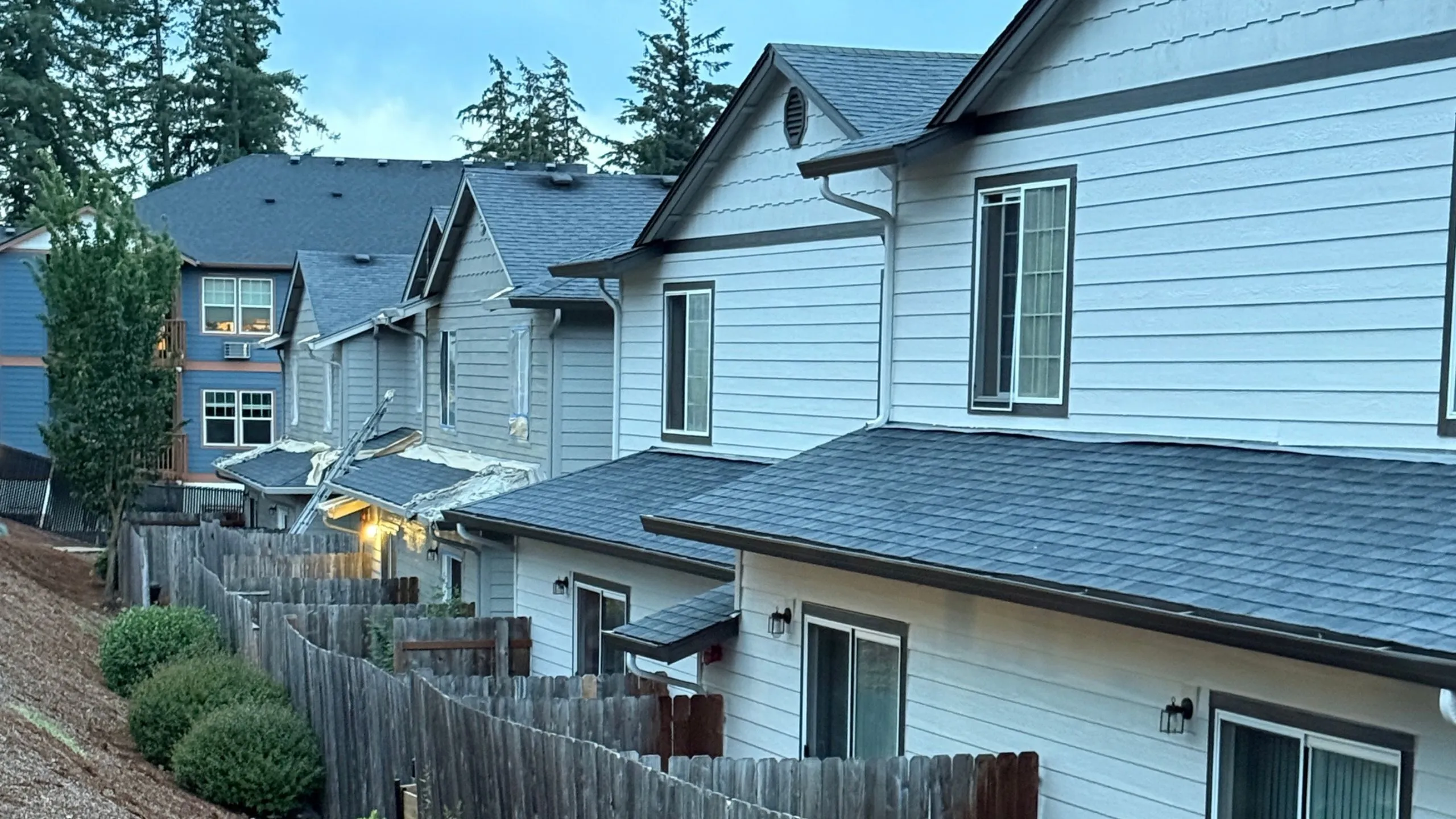 Charming townhouse community with modern architecture, fenced yards, and lush greenery under a serene blue evening sky.