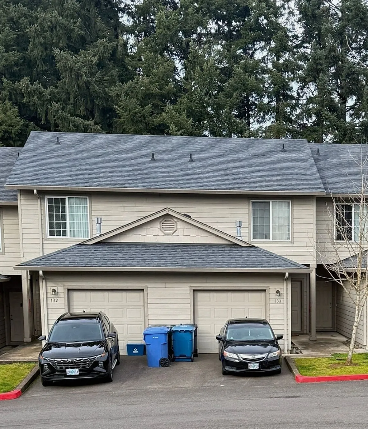 Charming townhouse nestled in a serene, wooded neighborhood with two-car garages and manicured lawns.