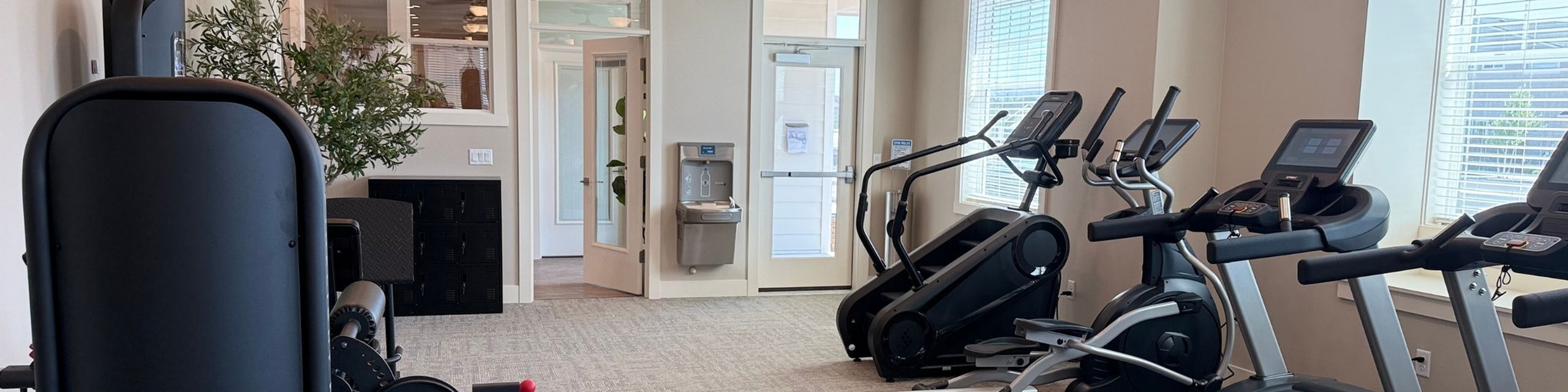 Bright and inviting fitness center equipped with state-of-the-art cardio machines and natural light.