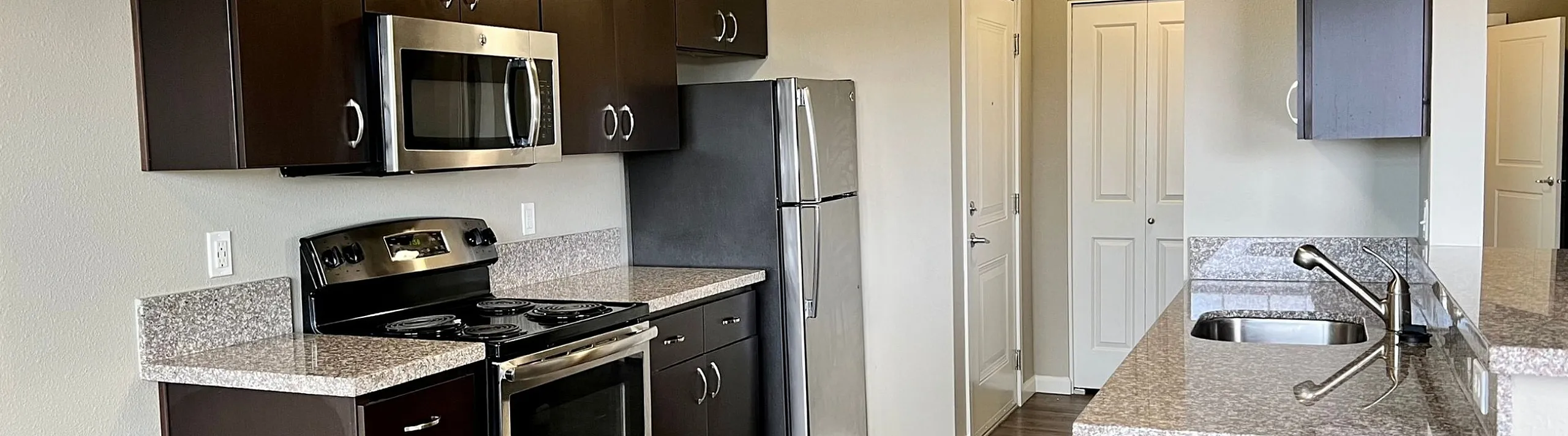 Contemporary kitchen with sleek dark wood cabinets, stainless steel appliances, and elegant granite countertops.