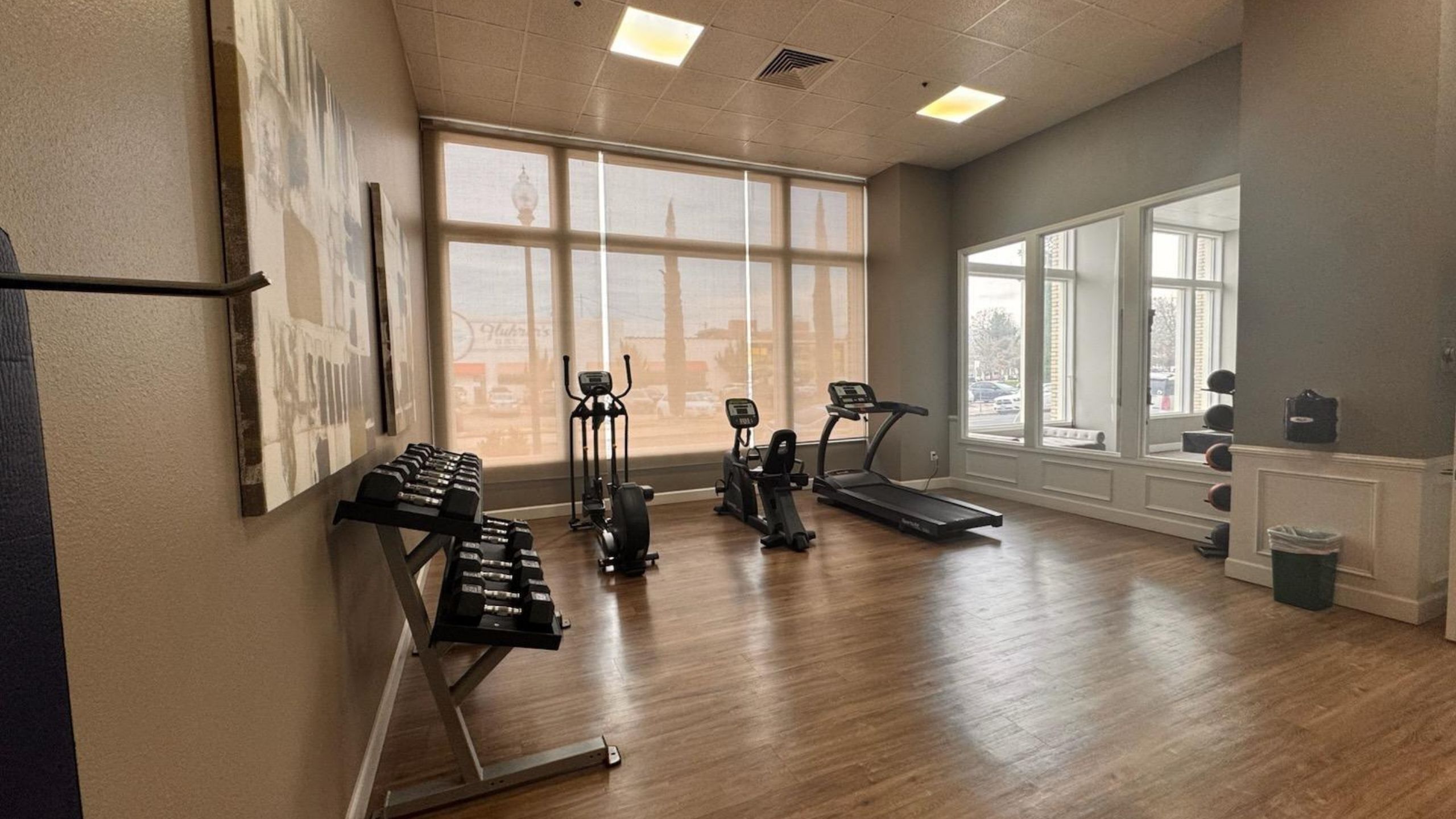 Bright and modern fitness room with sleek exercise equipment, natural light, and stylish decor.