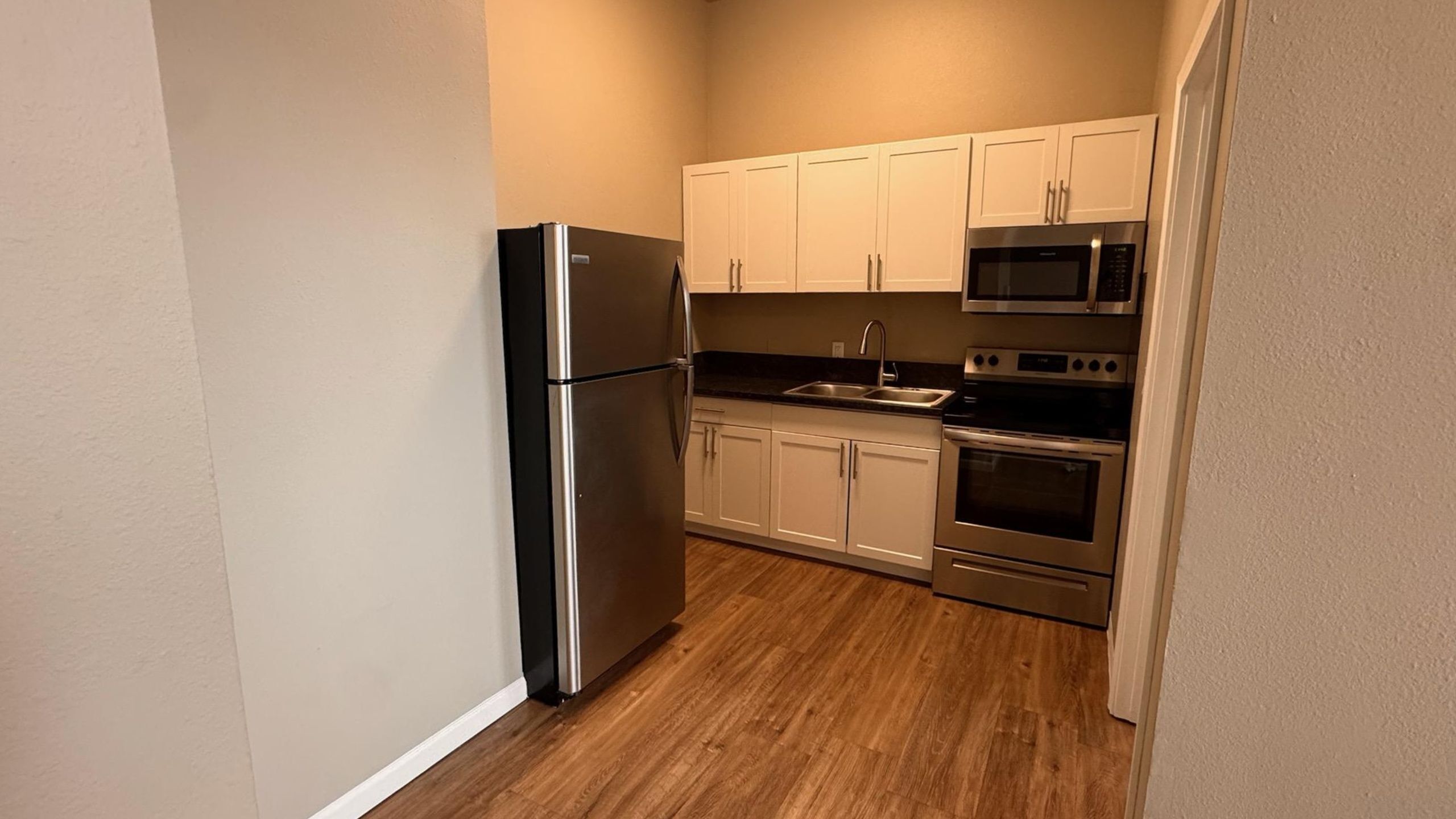 Modern kitchen with stainless steel appliances, elegant cabinetry, and stylish wood flooring for a contemporary appeal.