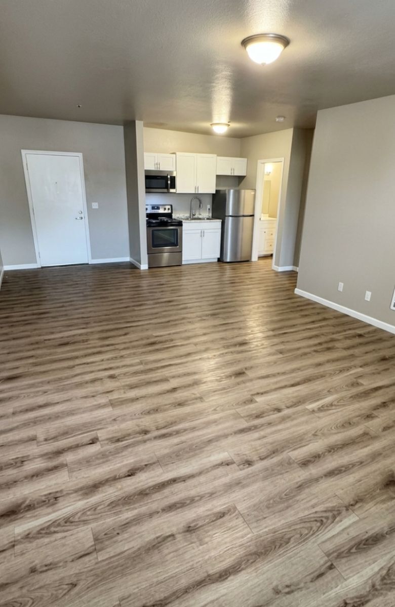 Modern apartment interior featuring open space with sleek laminate floors, stylish white kitchen cabinets, and stainless steel appliances.