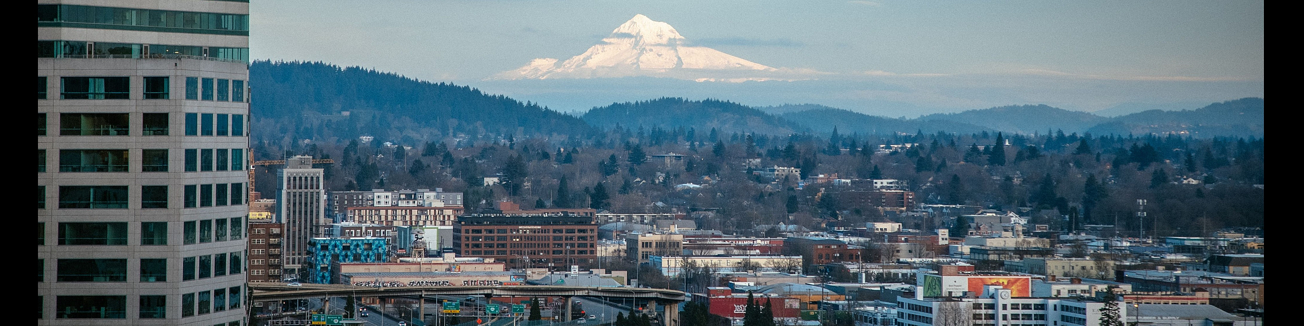 Breathtaking aerial view of a vibrant cityscape framed by stunning snow-capped mountains under a serene blue sky.