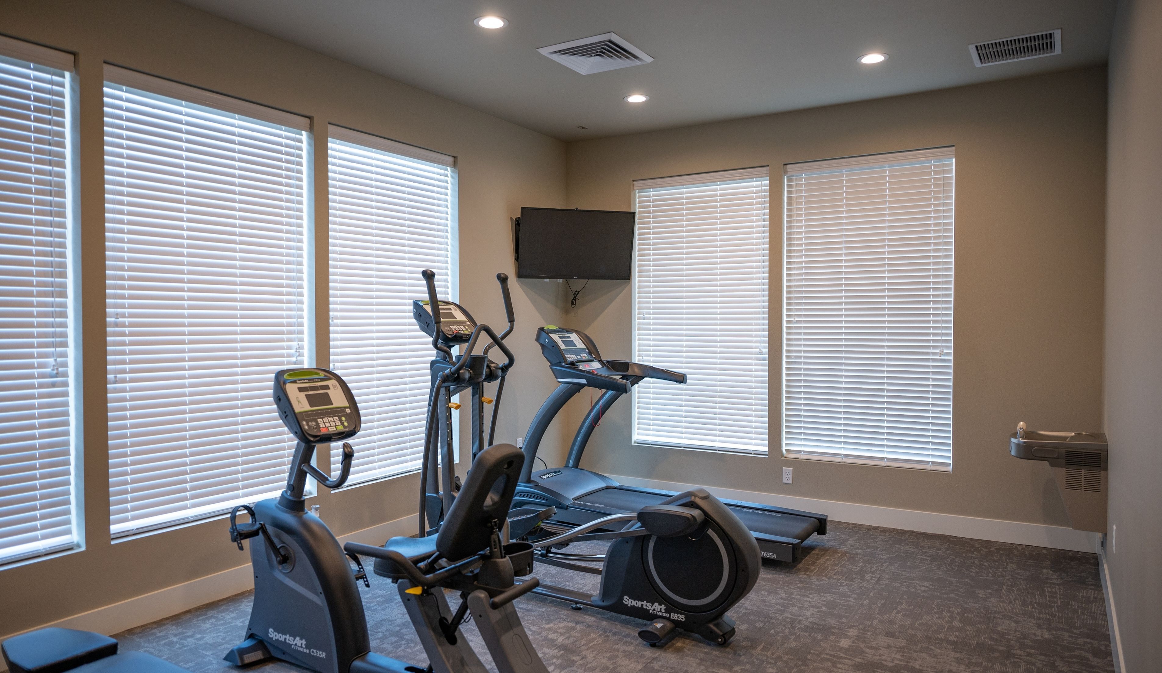 Modern fitness room featuring state-of-the-art cardio equipment, including treadmills and ellipticals, in a well-lit space with large windows.