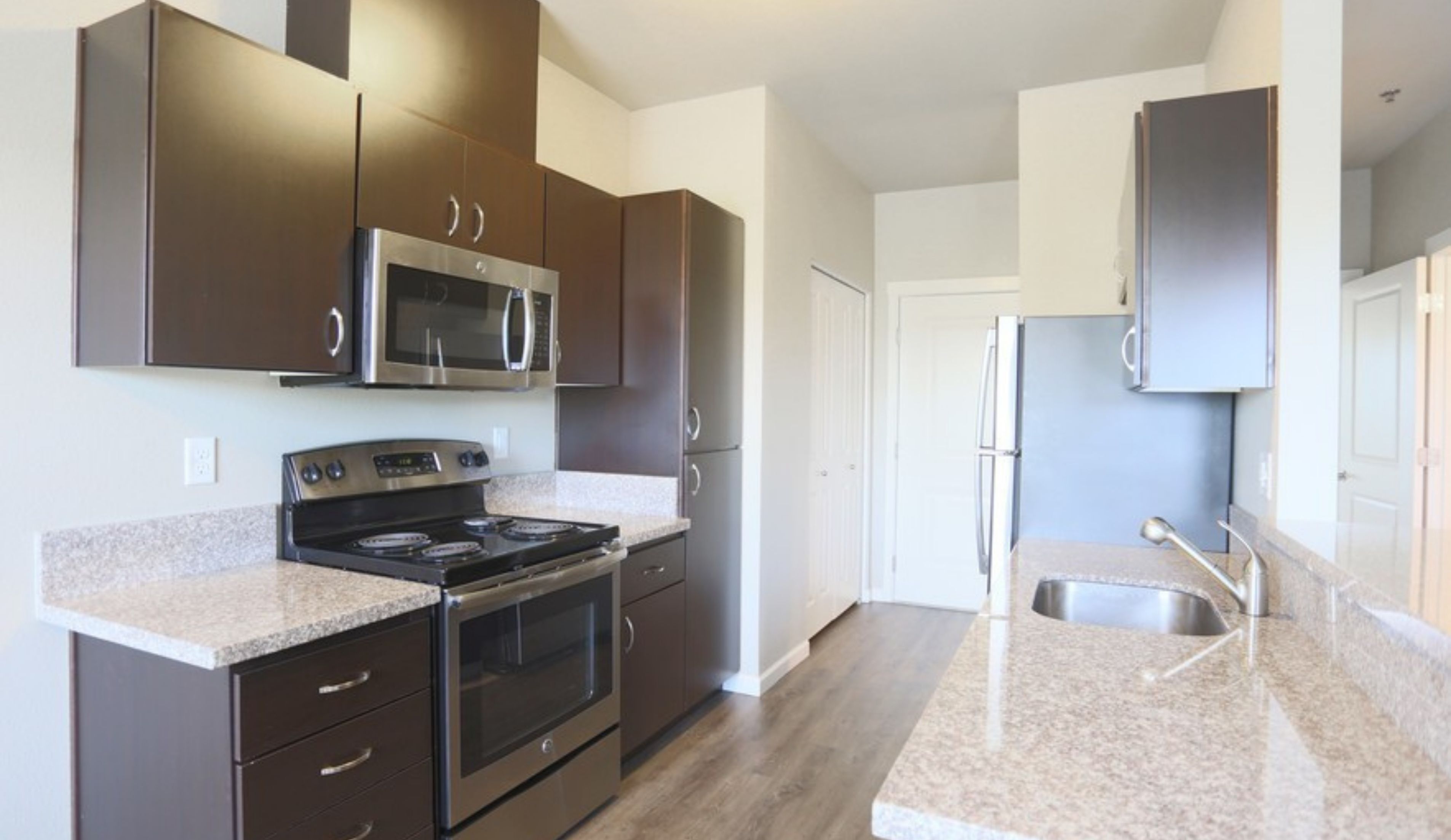 Modern kitchen with sleek dark wood cabinets, granite countertops, and stainless steel appliances.