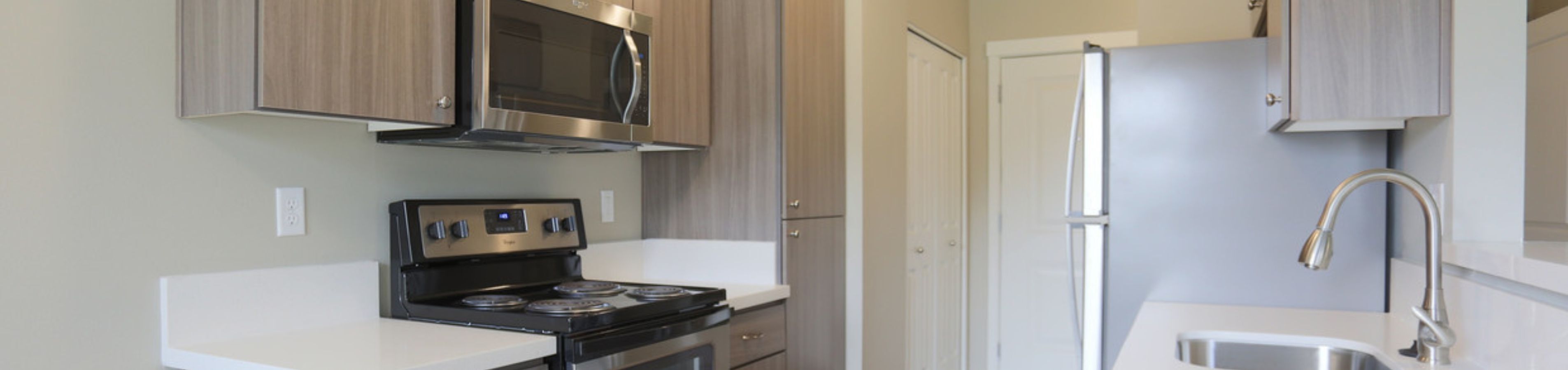 Modern kitchen with sleek stainless steel appliances, elegant wooden cabinetry, and ample countertop space for culinary adventures.