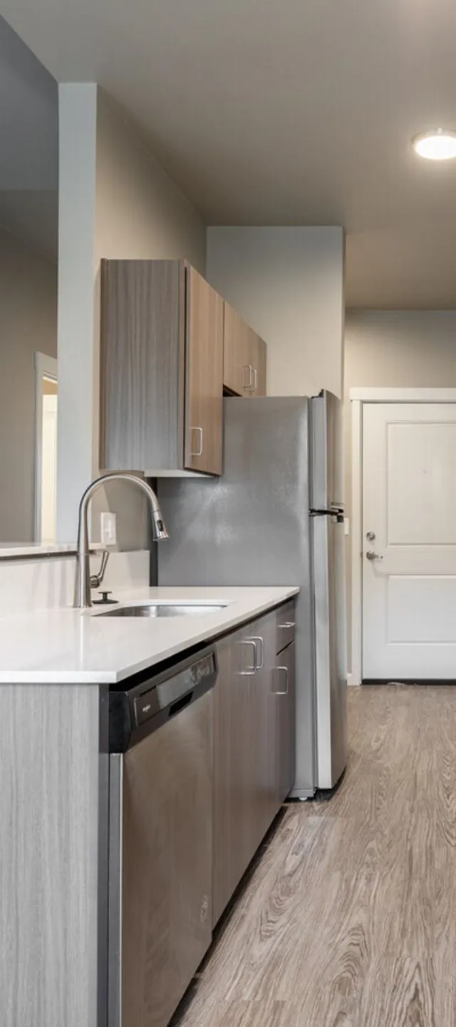 Modern kitchen with sleek stainless steel appliances, elegant cabinetry, and polished wood flooring.