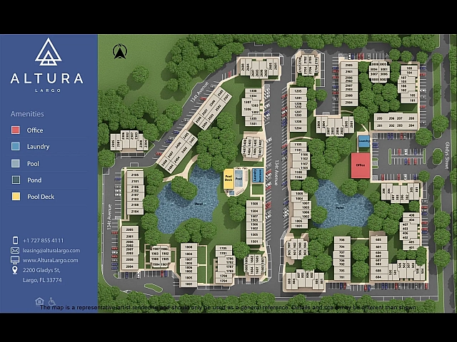 Color coded site map of the property, which has a swimming pool, multiple laundry facilities, and 30 different apartment buildings.