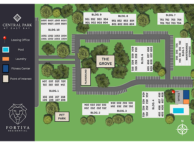 Vibrant community layout of Central Park at East Bay, featuring lush green spaces, pet park, playground, and easy access to fitness center, pool, and laundry facilities.