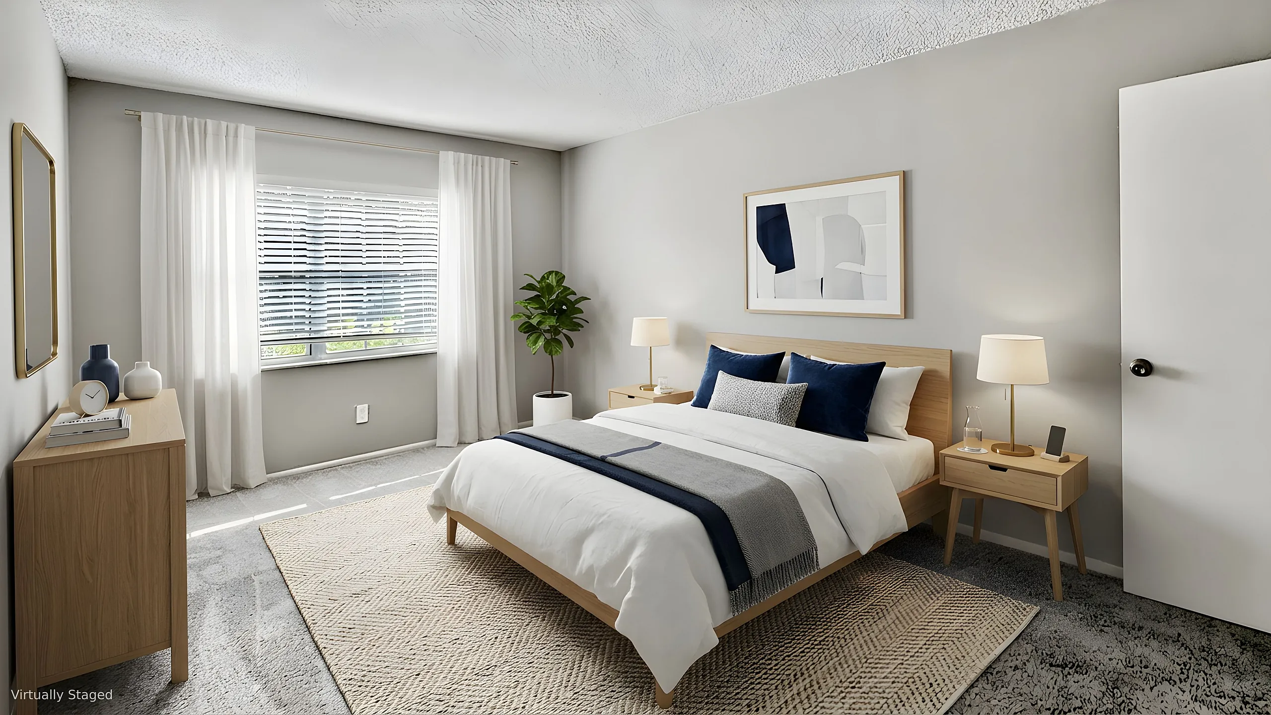 Bright and inviting bedroom with modern decor, featuring a cozy bed, elegant side tables, and abundant natural light through a large window.