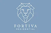 Modern Fortiva Residential logo with a geometric lion design on a serene blue background.