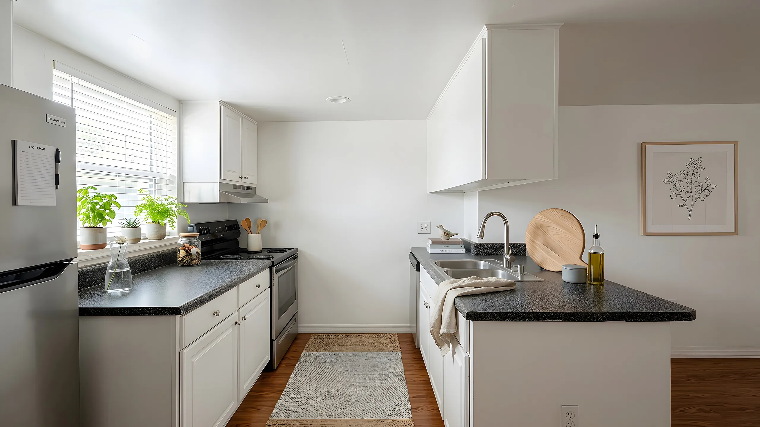 Contemporary kitchen with sleek countertops, modern appliances, and large window providing abundant natural light.