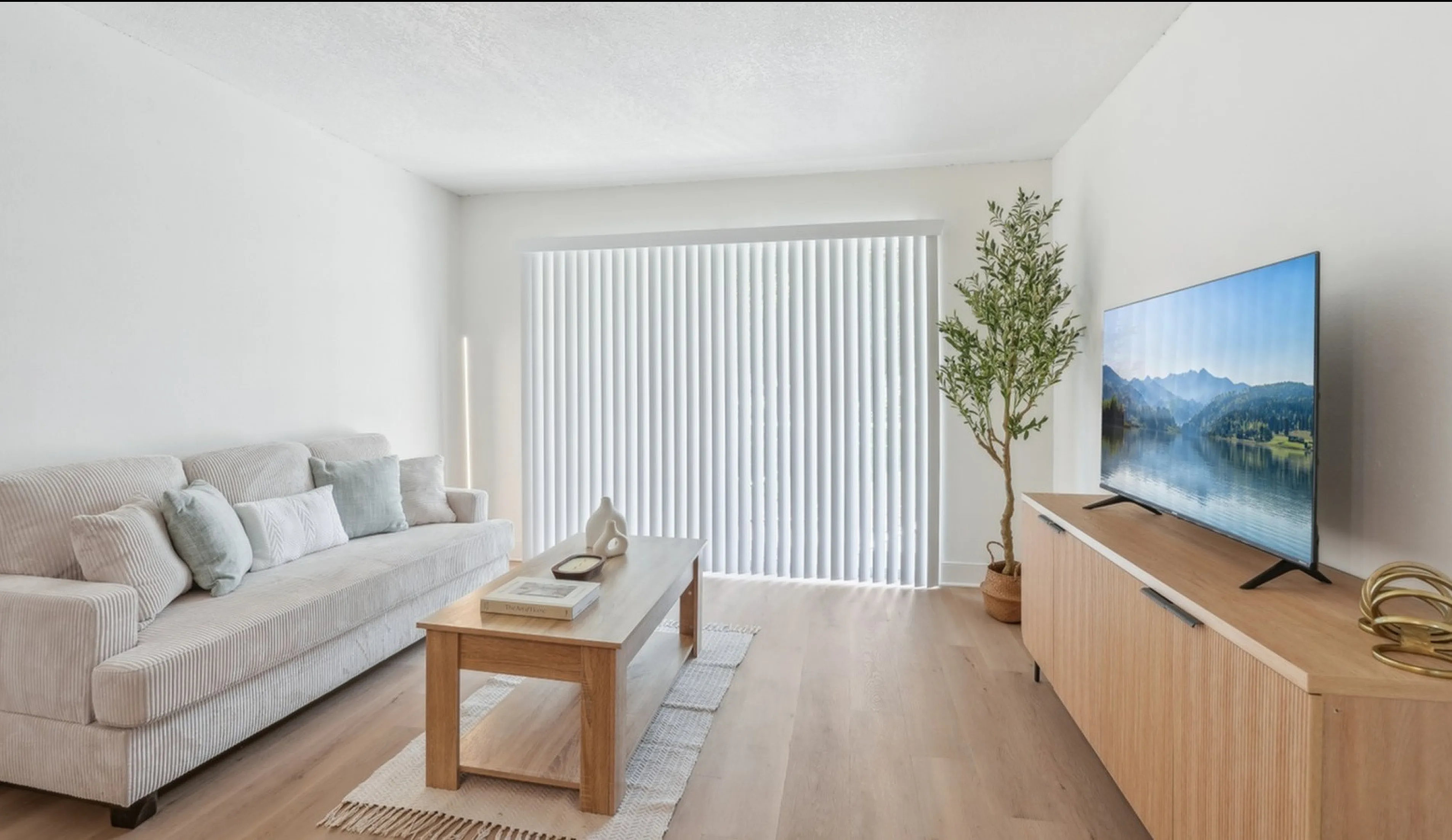 Bright and inviting living room with modern decor, featuring a plush sofa, sleek coffee table, flat-screen TV, and abundant natural light through vertical blinds.