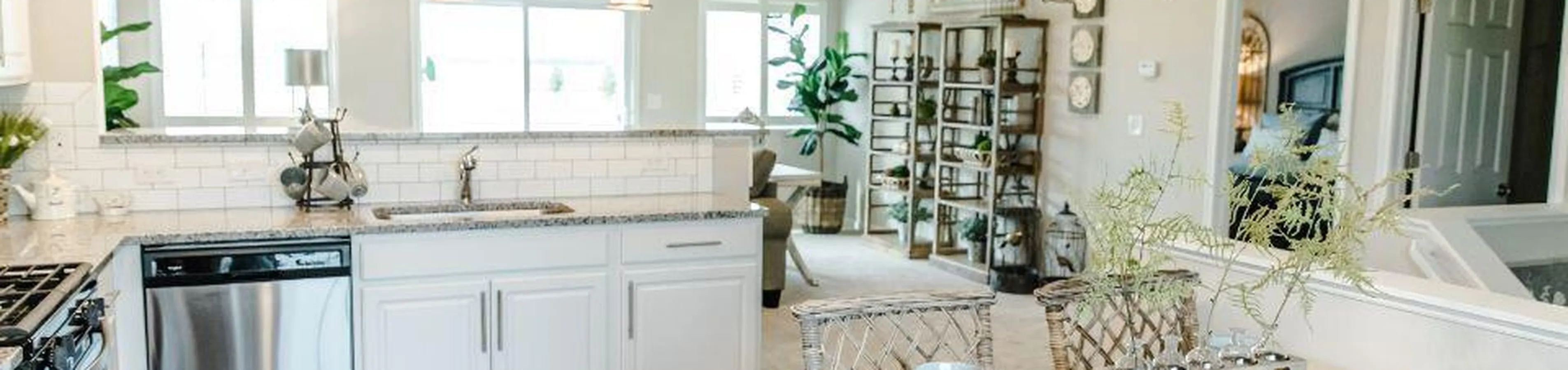 Bright, modern kitchen with sleek stainless steel appliances, elegant granite countertops, and open view to a beautifully decorated living space.