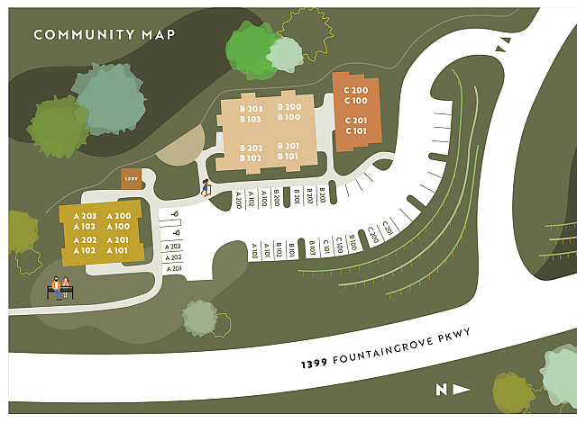 Charming community map of Collina Place showcasing residential buildings, lush greenery, and pathways at 1399 Fountaingrove Pkwy.