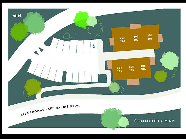 Inviting community map of Olivine Heights Apartments showcasing two apartment buildings with convenient parking and lush green surroundings at 4166 Thomas Lake Harris Drive.