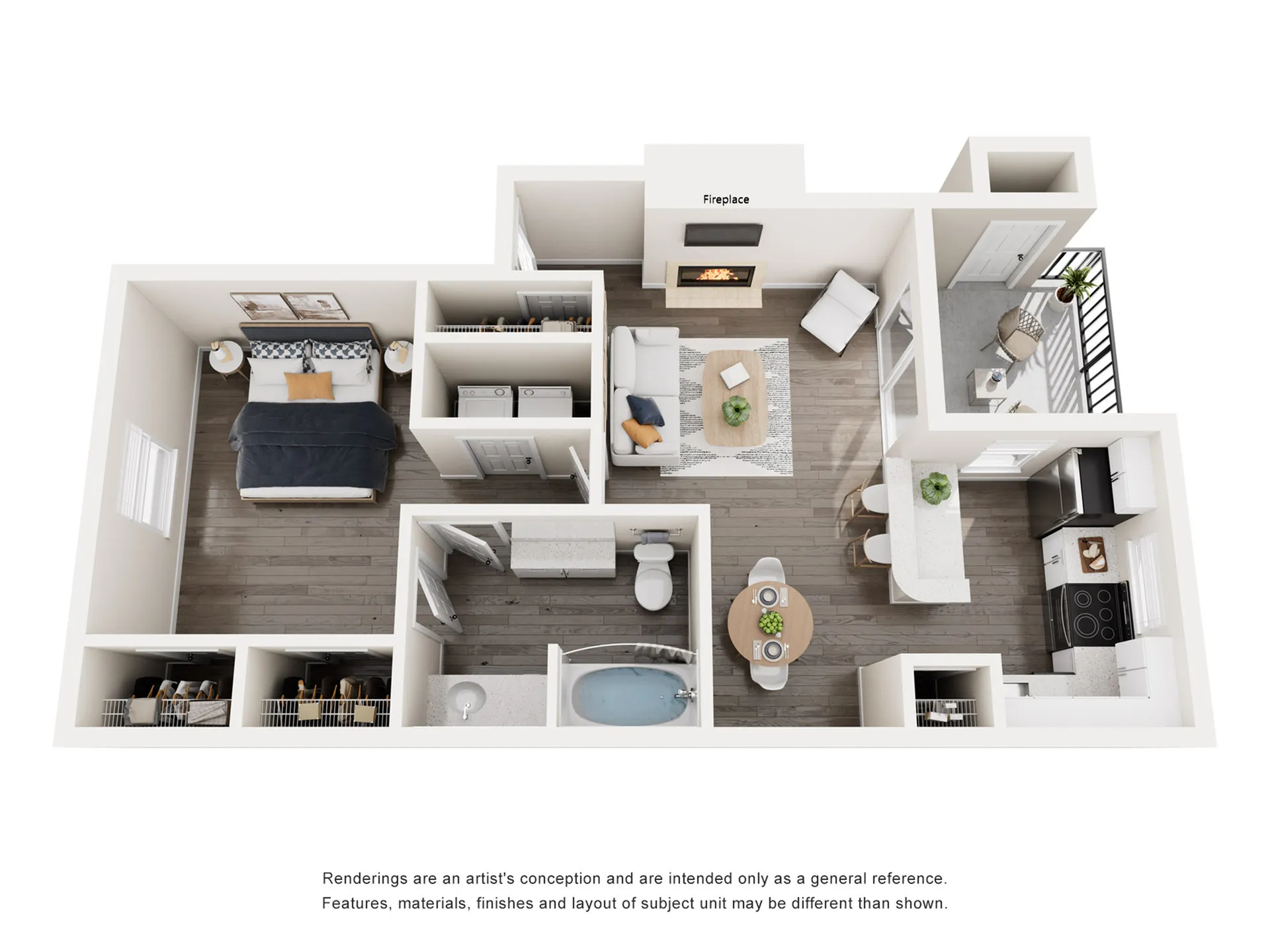 Elegant 3D floor plan featuring a cozy bedroom, open living room with a fireplace, modern kitchen with bar seating, and inviting balcony area.