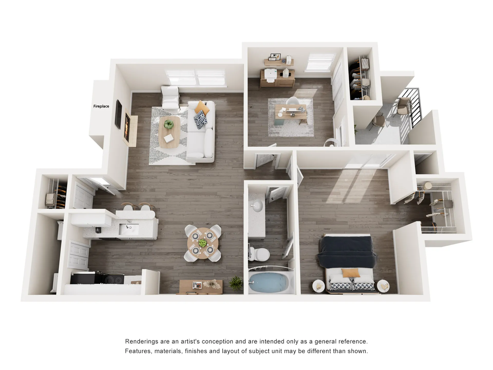 Modern 3D floor plan showcasing a stylish apartment with a cozy living room featuring a fireplace, a contemporary kitchen with an adjacent dining area, two bedrooms, an office space, and a spacious bathroom. Perfect blend of comfort and functionality.