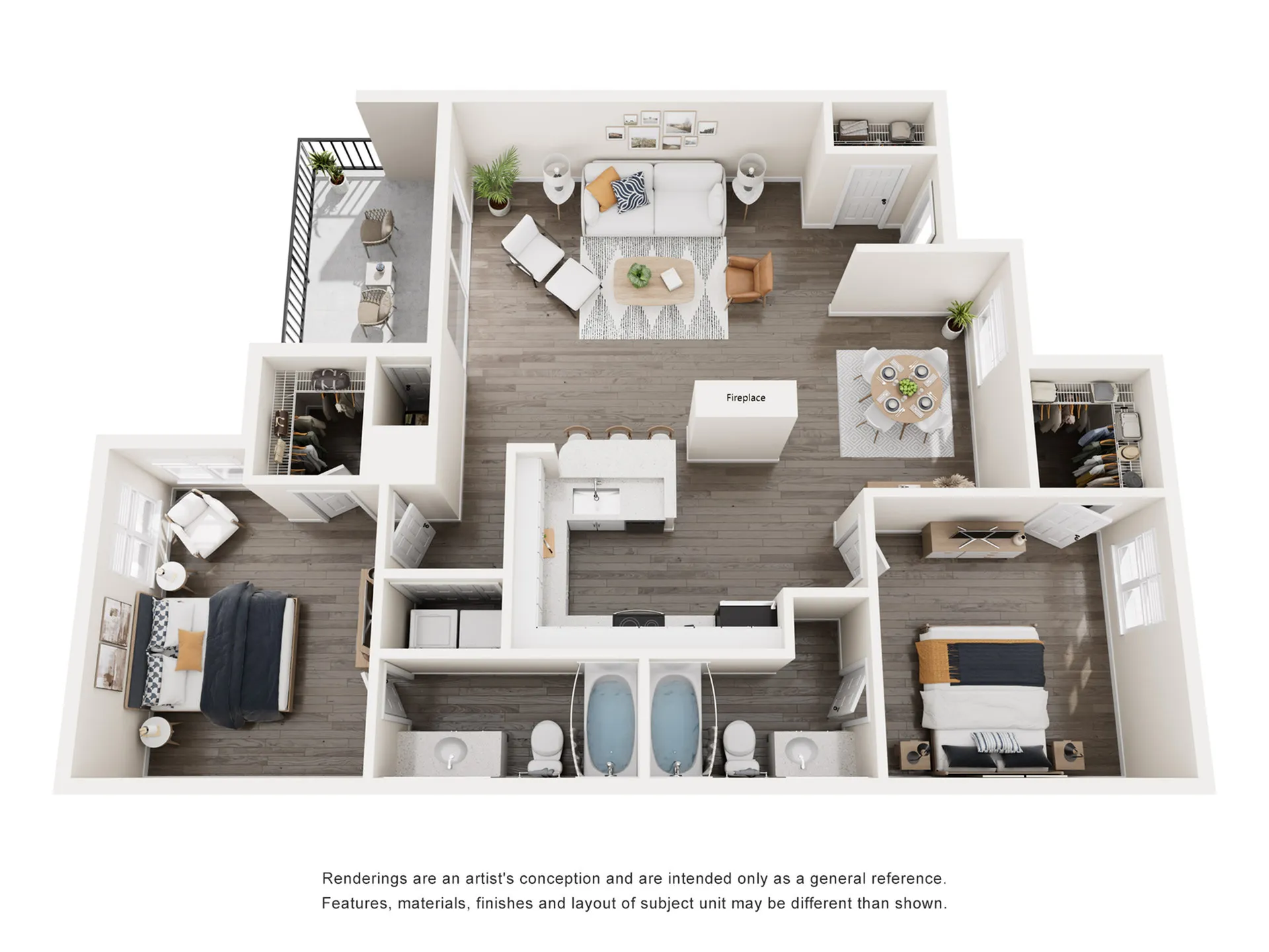 Chic 2D floor plan showcasing 2 bedrooms, cozy living room with fireplace, modern kitchen, and elegant dining area, featuring an inviting balcony space.