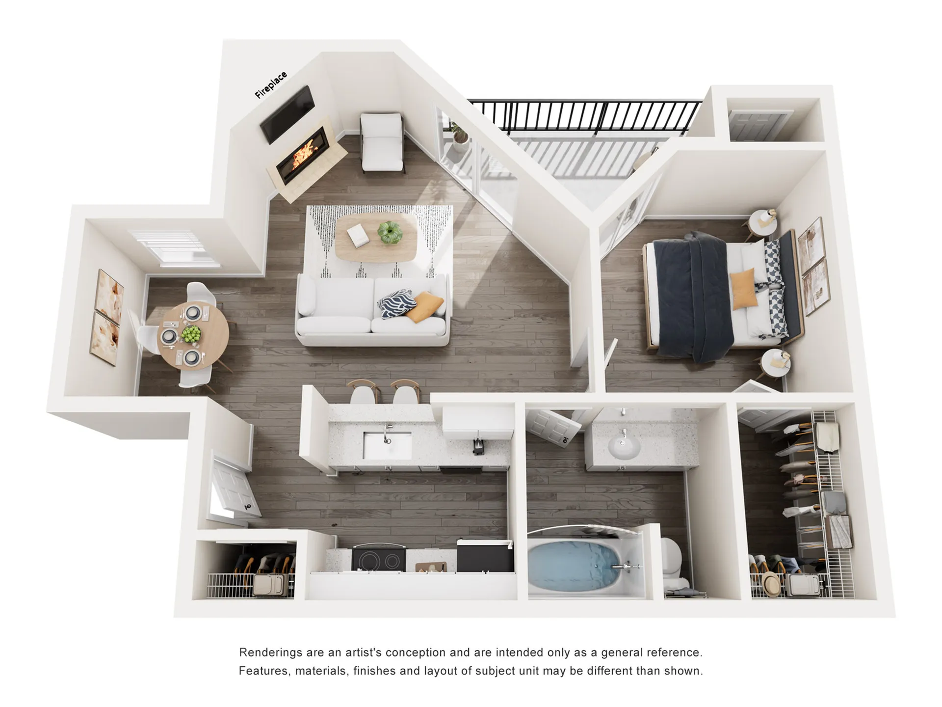 Modern 1-bedroom apartment floor plan with an inviting living area, stylish kitchen, cozy bedroom, and balcony. Includes a fireplace and elegant dining space.