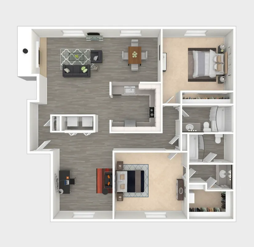 Modern open-concept floor plan featuring a spacious living area, stylish kitchen, and large bedroom with attached bathroom.