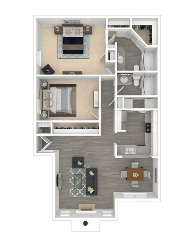 Chic 2-bedroom floor plan featuring a modern open-concept living area, stylish kitchen with dining space, and a cozy bathroom layout.