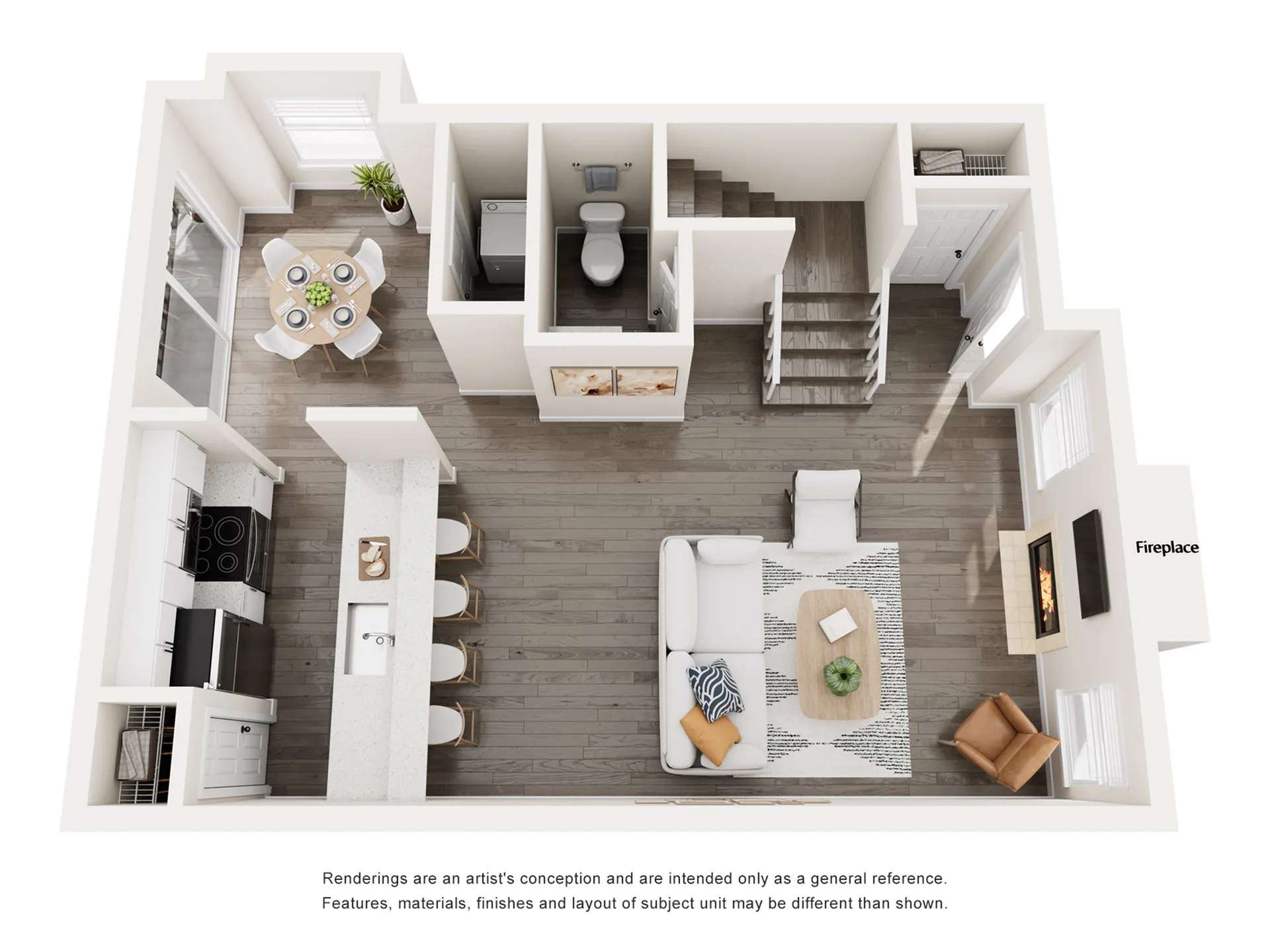 Chic open-concept floor plan showcasing a modern kitchen with island seating, cozy living area with fireplace, and elegant dining space with natural light.