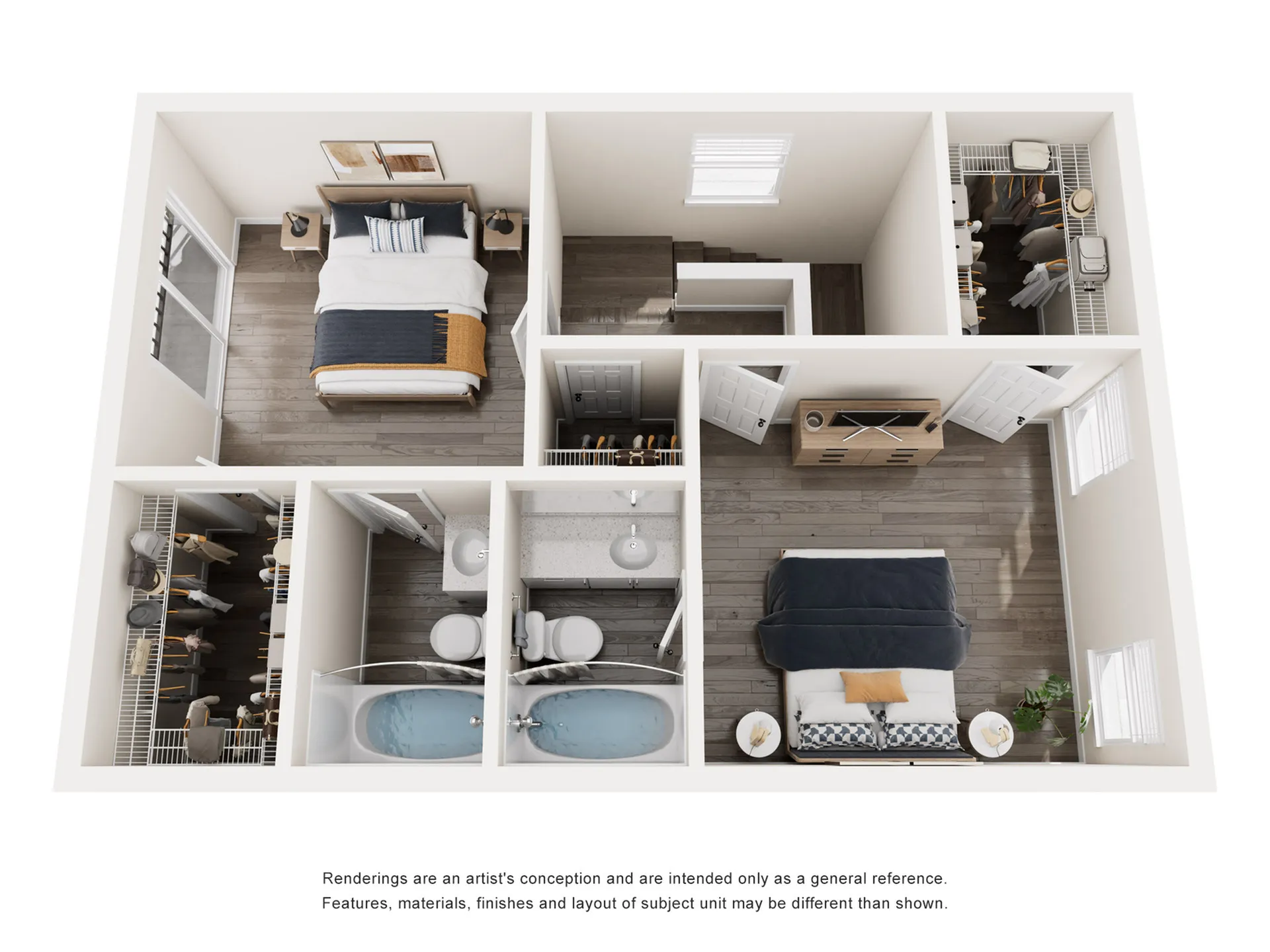 Modern 3D floor plan showcasing 2 bedrooms, a chic living area, and a well-appointed bathroom, offering stylish and practical living.
