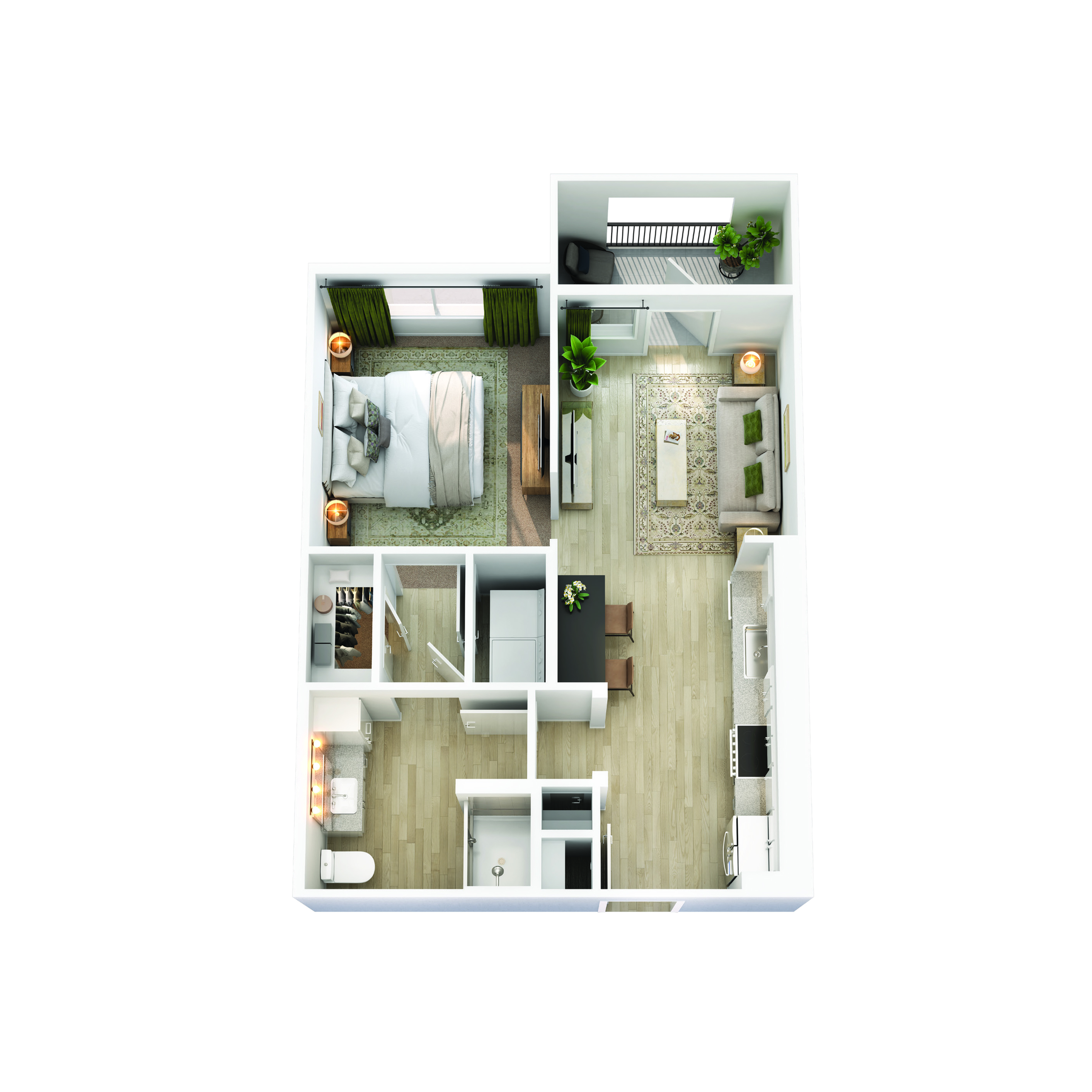 Charming 3D floor plan showcasing a cozy 1-bedroom apartment with an inviting living room, modern kitchen, and stylish bathroom.