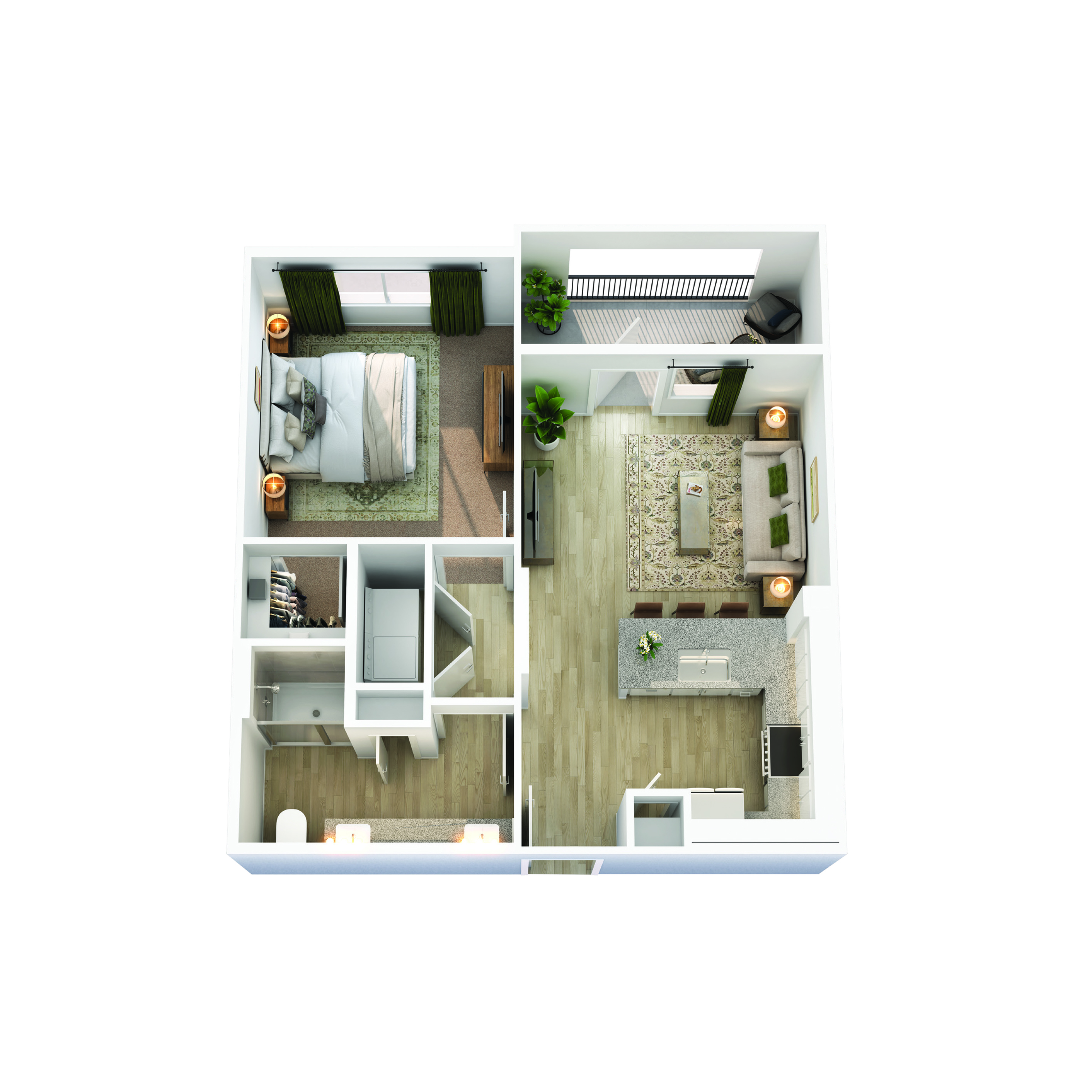 Inviting modern apartment floor plan with one bedroom, an open-concept living area, and a stylish kitchen, complemented by sleek wood flooring and elegant decor.