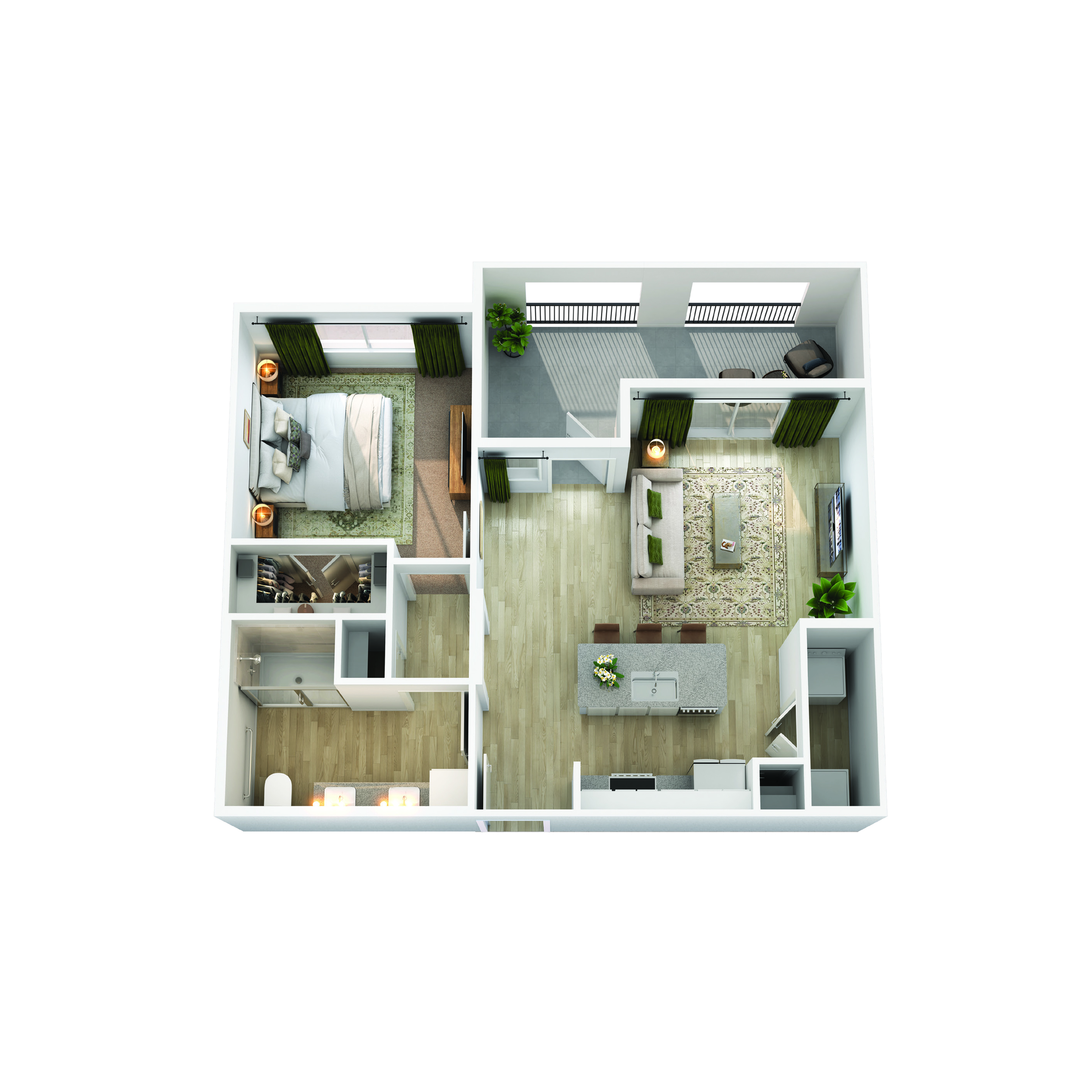 Modern 3D apartment layout featuring a cozy bedroom, chic open-plan living and dining area, and stylish kitchen with ample lighting.