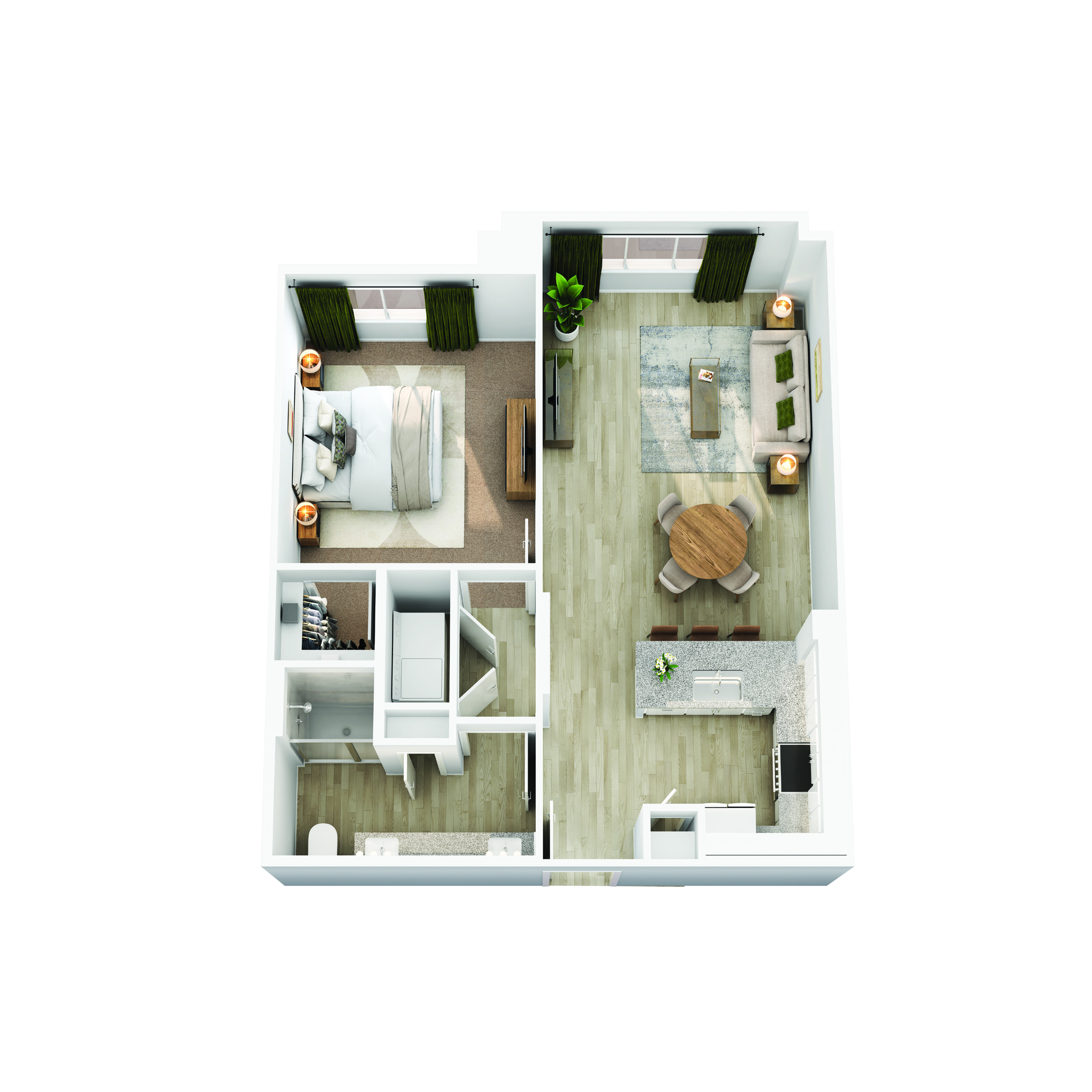 Inviting floor plan showcasing a cozy 1-bedroom apartment with an open living space, modern kitchen, and elegant bathroom layout.