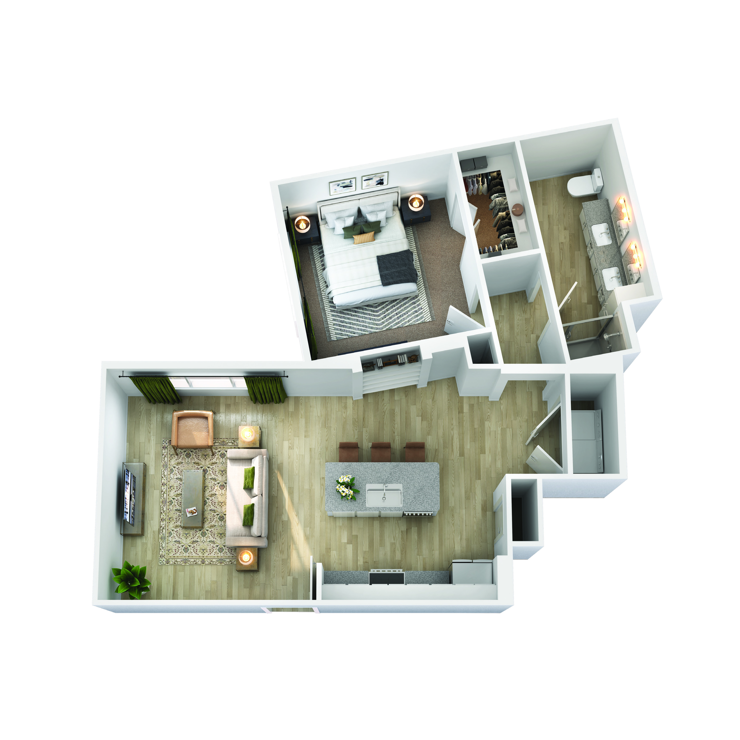Modern 3D floor plan showcasing a spacious one-bedroom apartment with open-concept living and dining area, stylish kitchen, and sleek bathroom.
