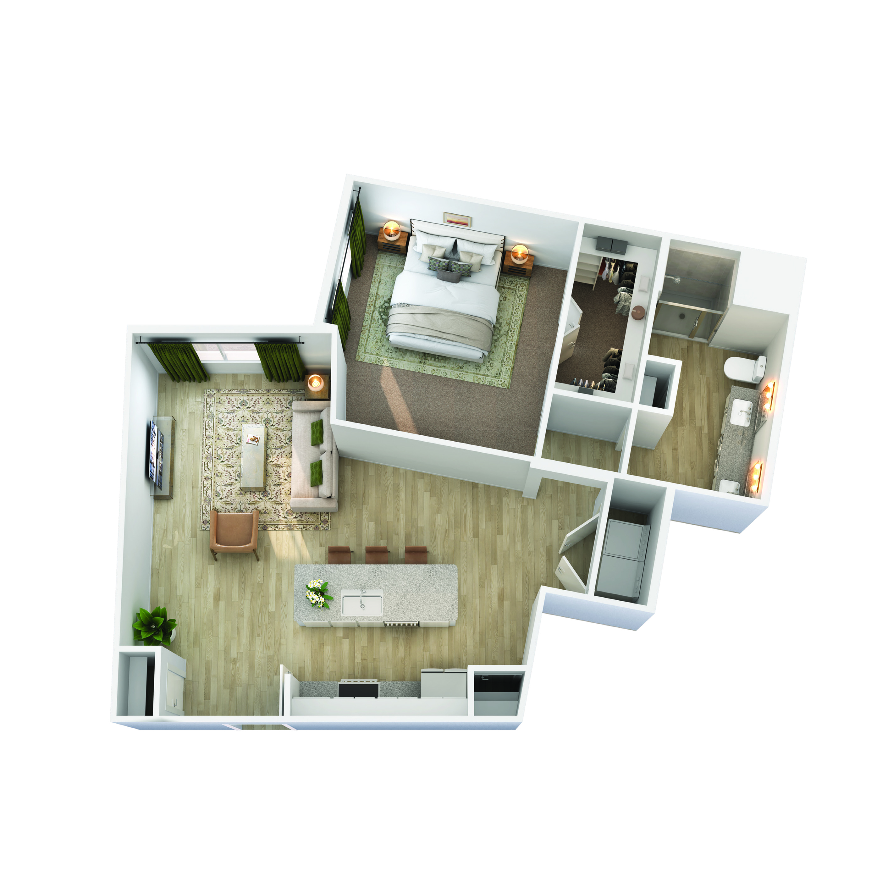 Contemporary 3D floor plan featuring a spacious bedroom, stylish living room, modern open kitchen, and sleek bathroom design.