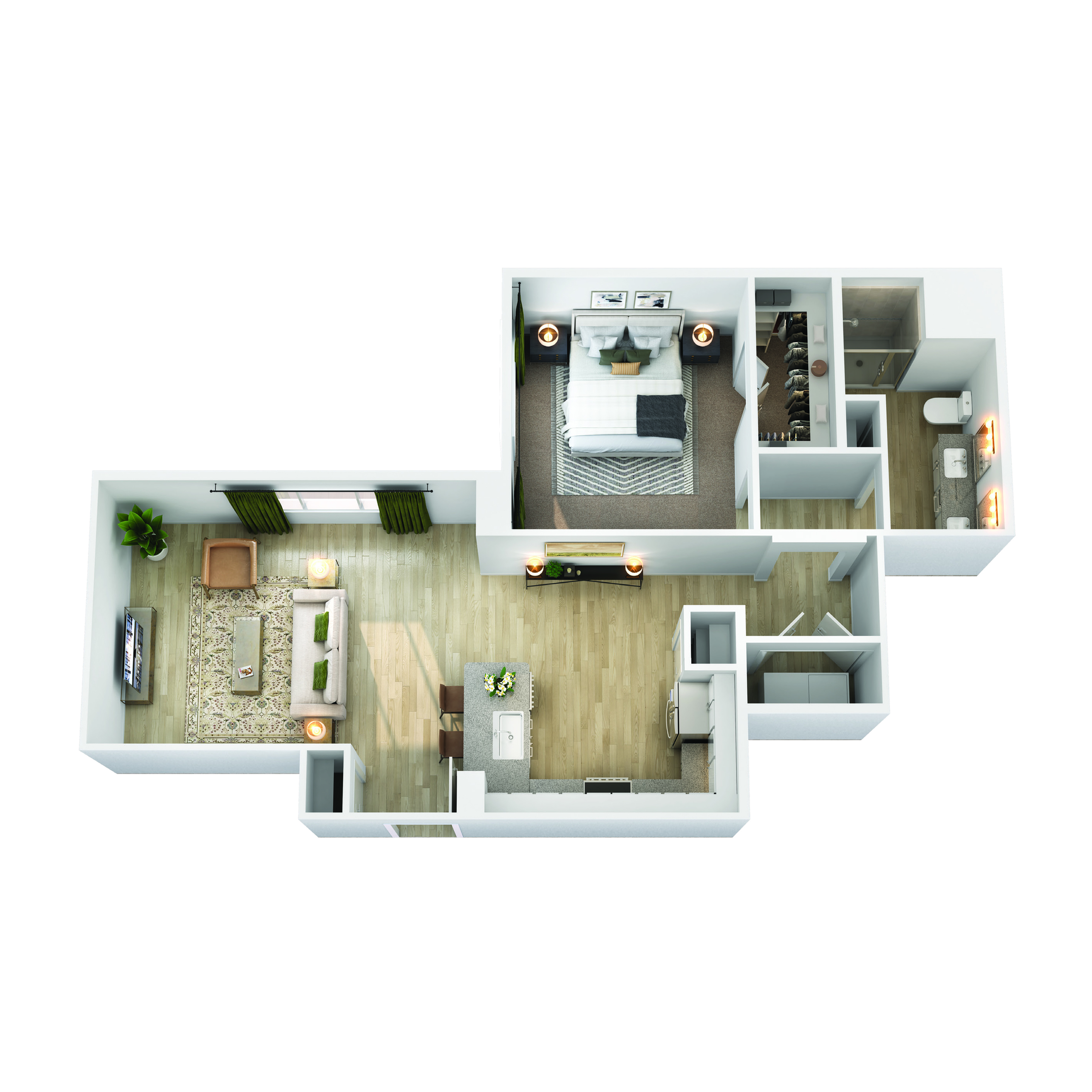 Modern 3D floor plan featuring a spacious bedroom, cozy living room, open kitchen with dining area, and elegant bathroom layout.