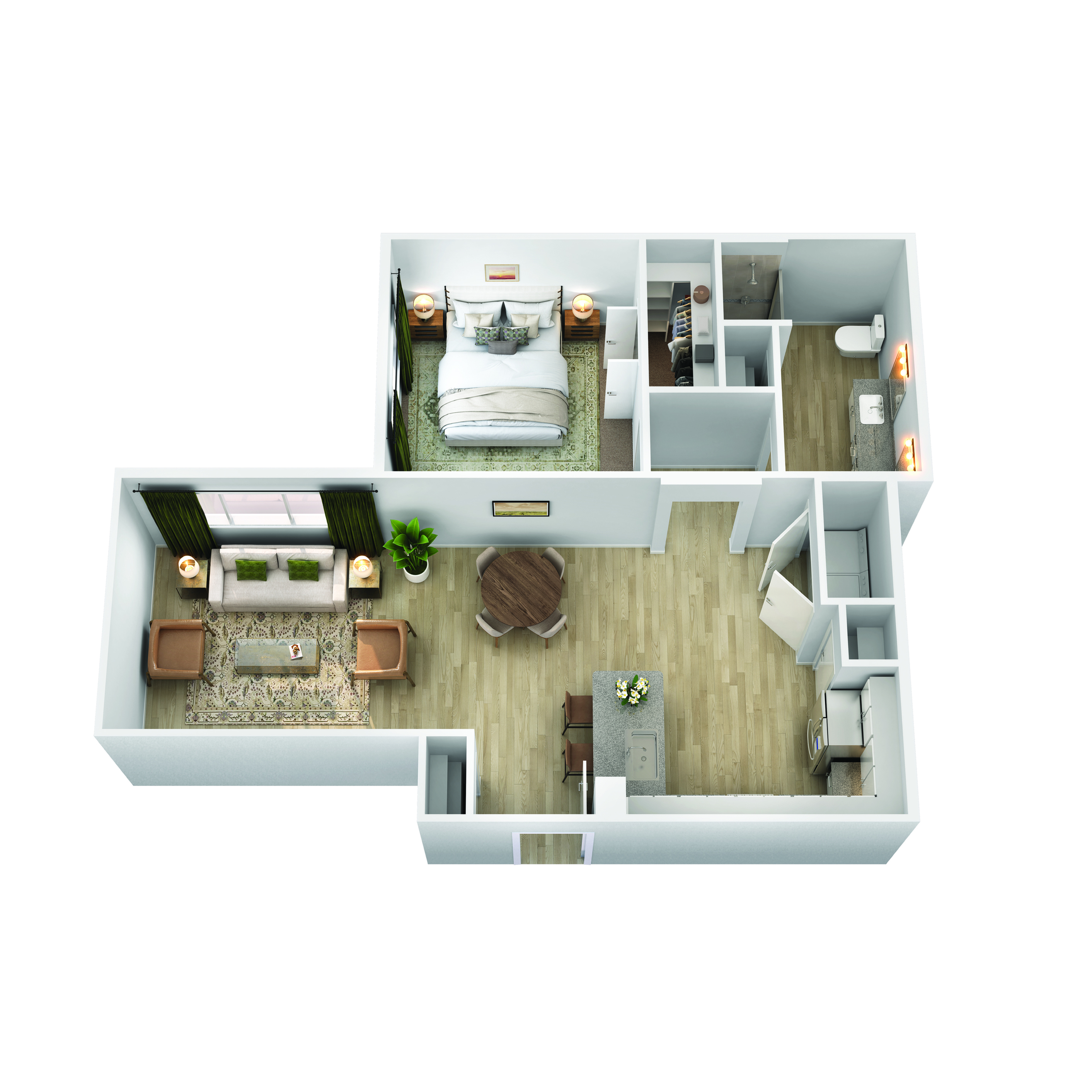 Stylish 3D apartment layout featuring a cozy bedroom, elegant living area, modern kitchen, and sleek bathroom.
