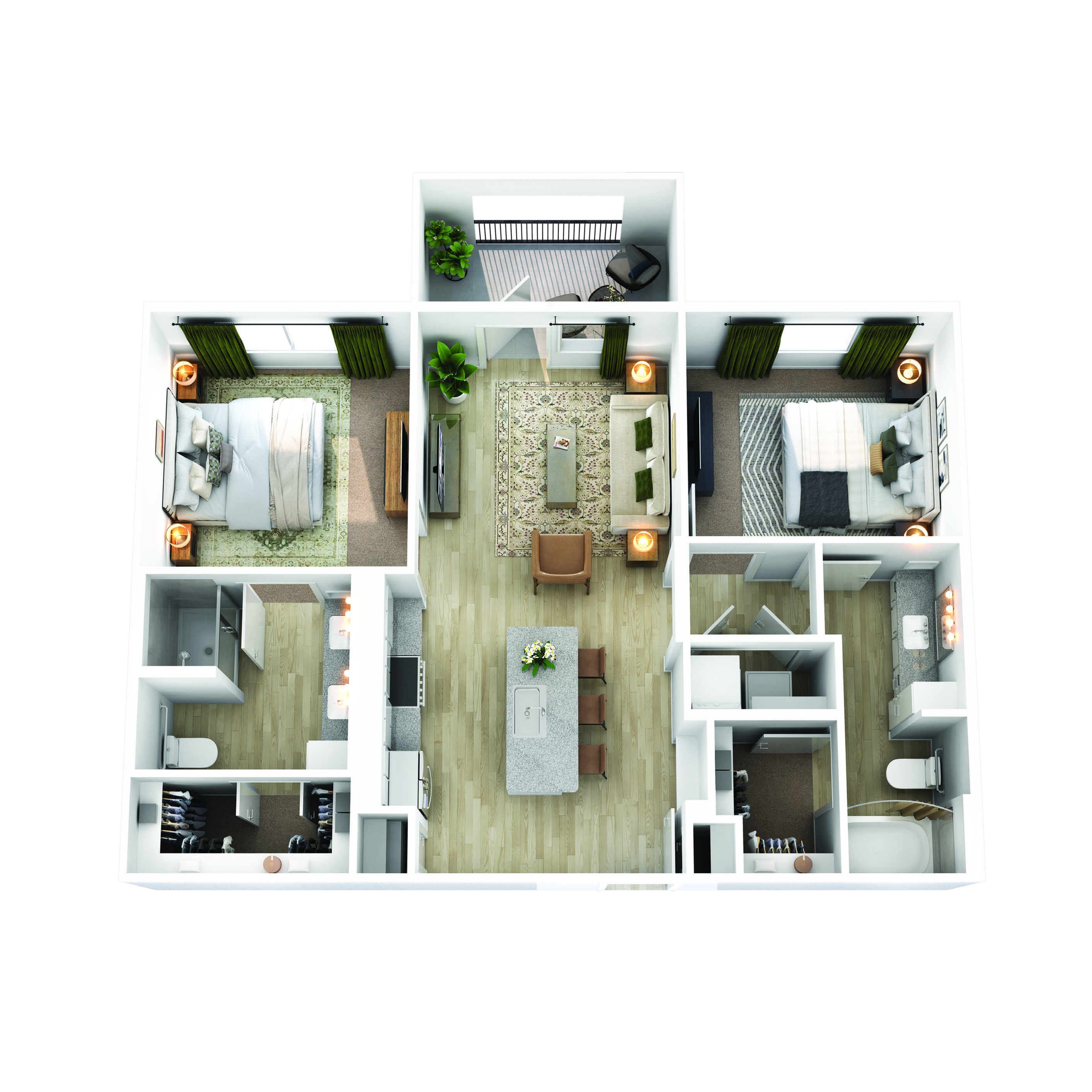 Chic 3D floor plan showcasing two elegant bedrooms, a modern kitchen with island seating, and a cozy living area with lush greenery.