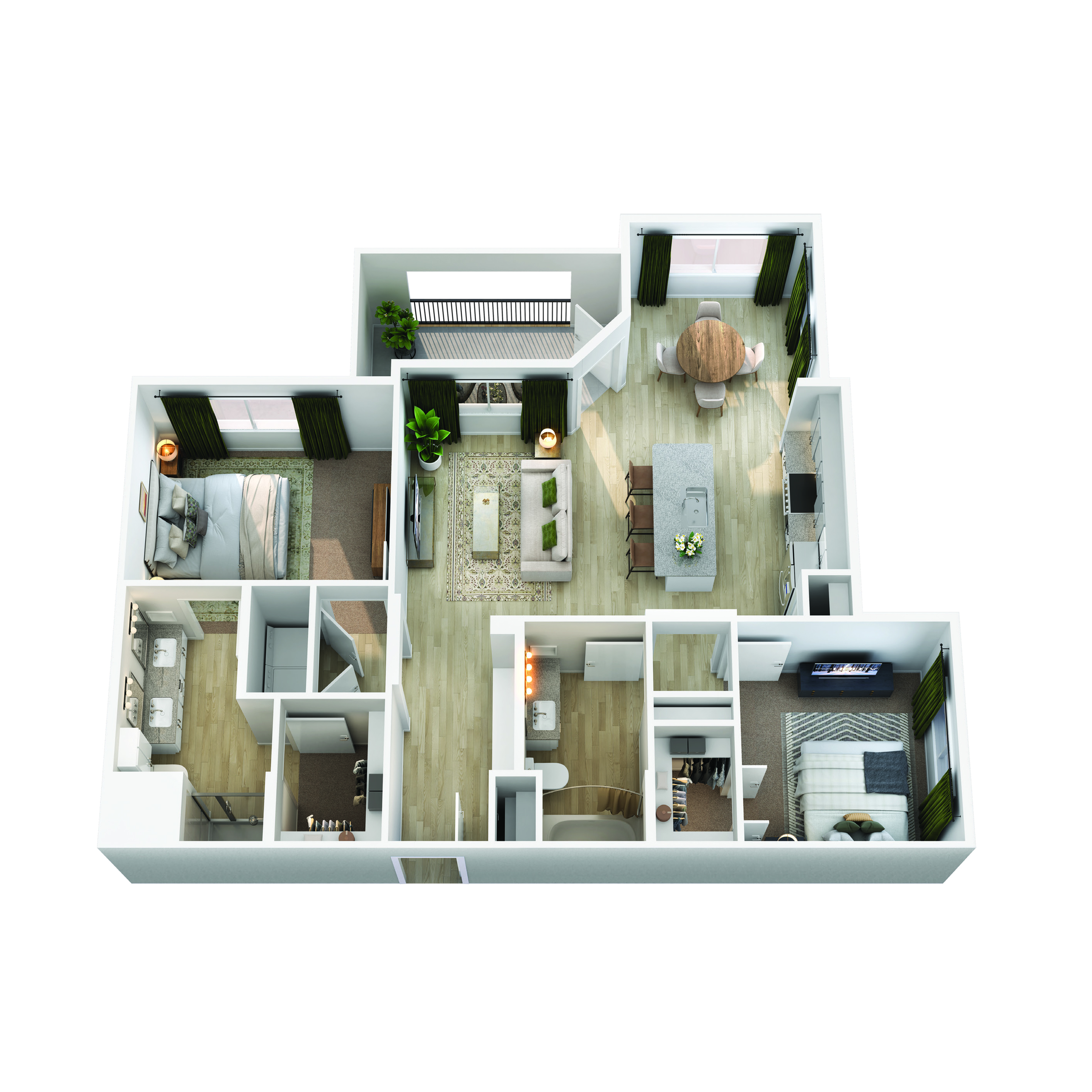 Elegant 3D floor plan showcasing two spacious bedrooms, modern kitchen with island, cozy living room, and stylish dining area.