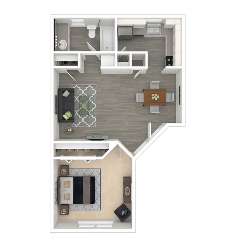 Modern floor plan showcasing a cozy 1-bedroom apartment with an open-concept living and dining area, stylish kitchen, and sleek bathroom.