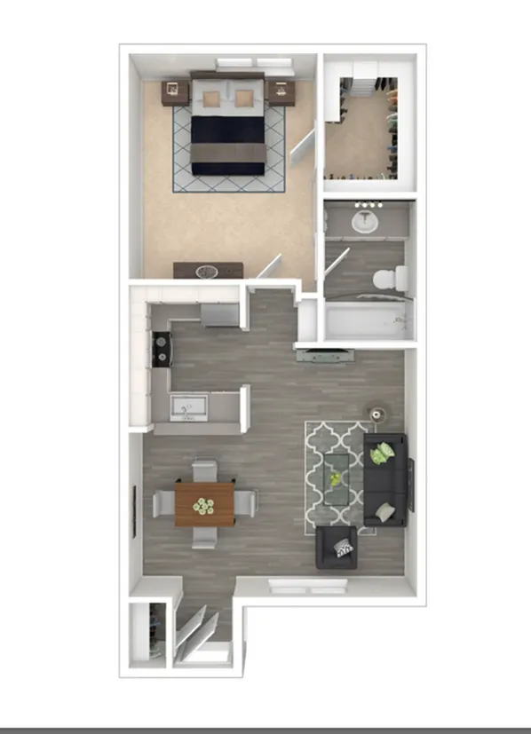 Contemporary 1-bedroom apartment floor plan with open-concept living and dining area, sleek kitchen, spacious walk-in closet, and modern bathroom.