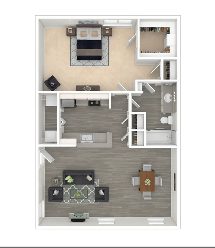 Modern 1-bedroom apartment floor plan featuring an open-concept living and dining area, sleek kitchen, spacious bathroom, and inviting bedroom with walk-in closet.