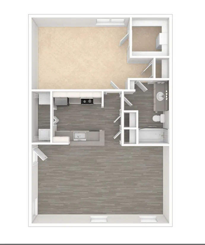 Modern 1-bedroom apartment floor plan with an open-concept living and dining area, sleek kitchen, and spacious bathroom.