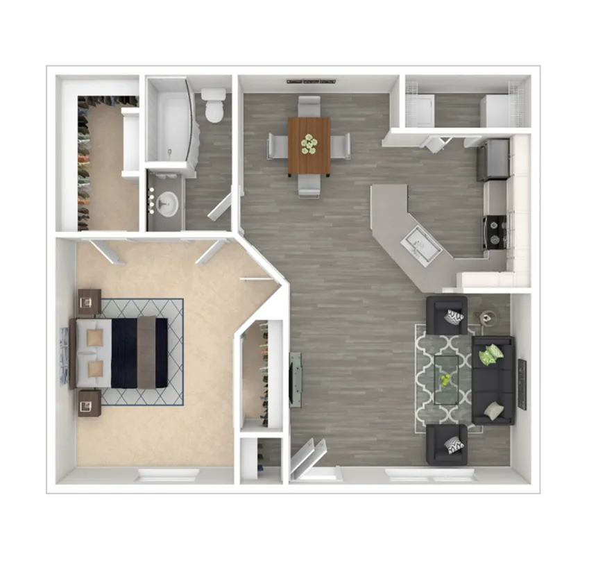 Modern 1-bedroom apartment floor plan featuring an open kitchen, cozy living room, elegant dining area, and spacious bathroom.