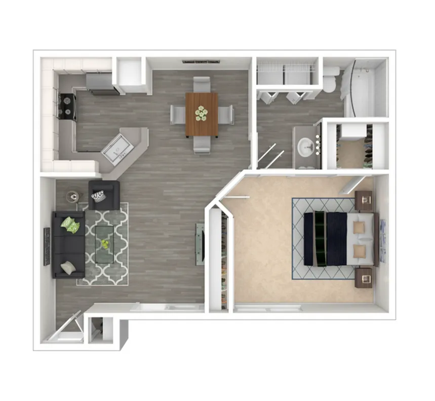 Modern 3D floor plan showcasing a spacious one-bedroom apartment with an open-concept living and dining area, sleek kitchen design, and a full bathroom.