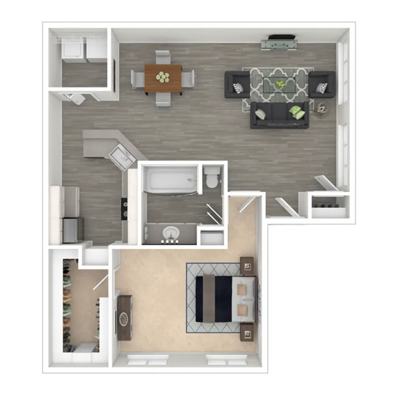 Modern 1-bedroom apartment floor plan with open-concept living and dining area, elegant kitchen, spacious bedroom, and stylish bathroom.